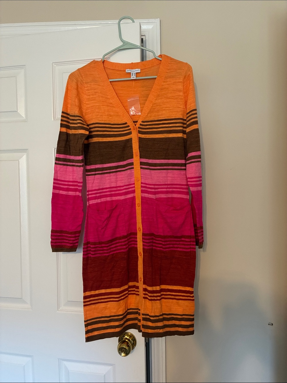 Striped Long Cardigan Sweater in Orange, Pink and Brown